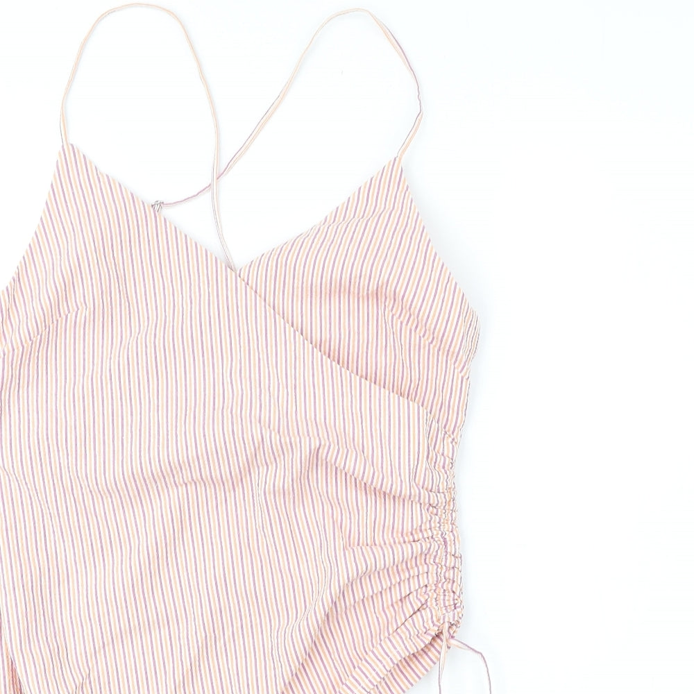 Bershka Womens Orange Striped Cotton Cropped Tank Size S V-Neck