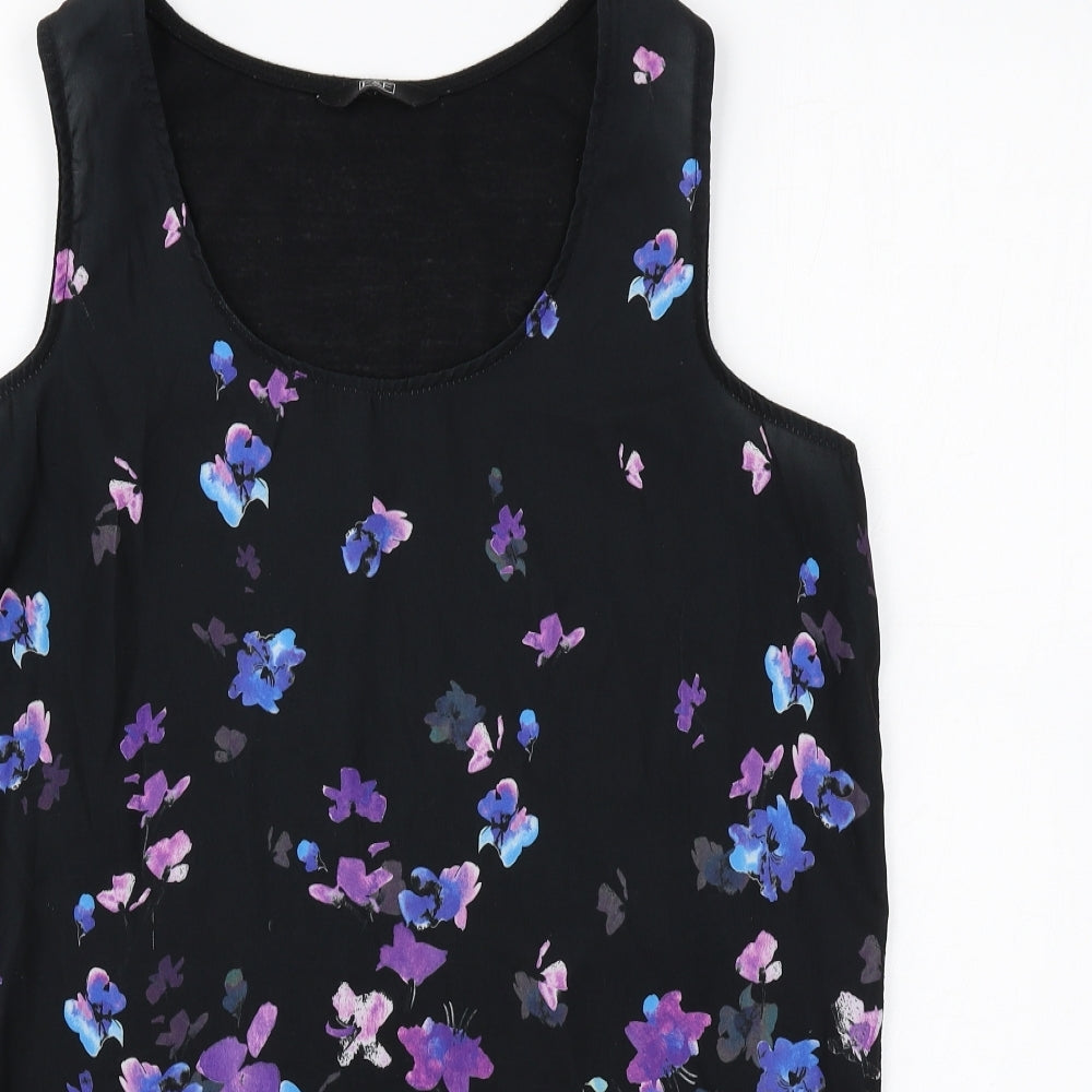 F&F Womens Black Floral Cotton Basic Blouse Size 10 Round Neck