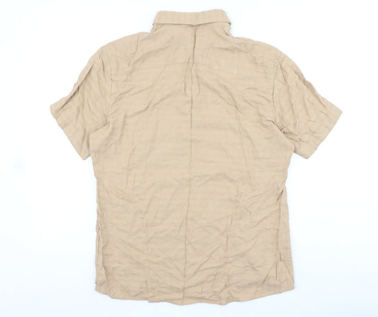 SheIn Mens Beige Viscose Button-Up Size M Collared Button