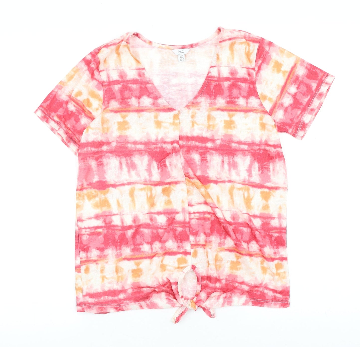 M&Co Womens Pink Geometric Viscose Basic T-Shirt Size 8 V-Neck