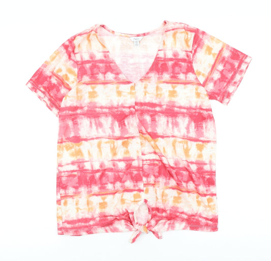 M&Co Womens Pink Geometric Viscose Basic T-Shirt Size 8 V-Neck