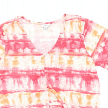 M&Co Womens Pink Geometric Viscose Basic T-Shirt Size 8 V-Neck