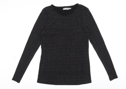 Fransa Womens Black Striped Viscose Basic T-Shirt Size M Round Neck