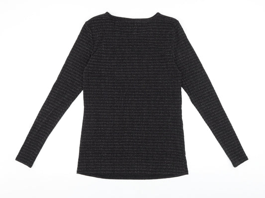 Fransa Womens Black Striped Viscose Basic T-Shirt Size M Round Neck