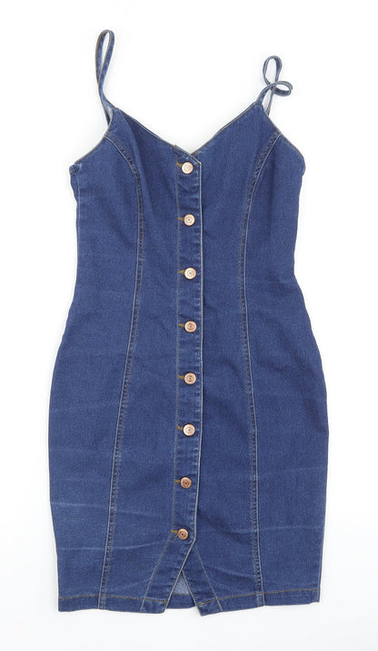 New Look Womens Blue Cotton Bodycon Size 6 V-Neck Button
