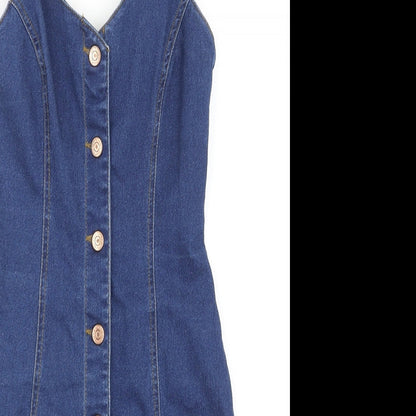 New Look Womens Blue Cotton Bodycon Size 6 V-Neck Button