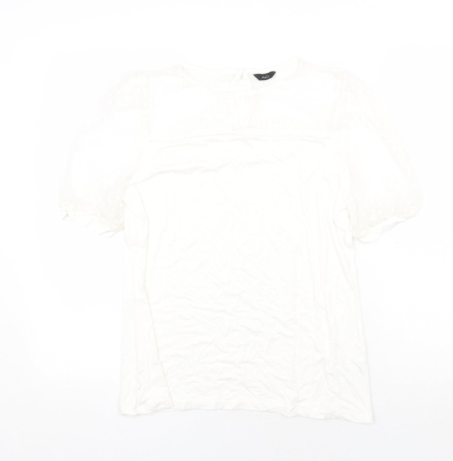 M&Co Womens White Polyamide Basic T-Shirt Size 12 Scoop Neck - Mesh Detail