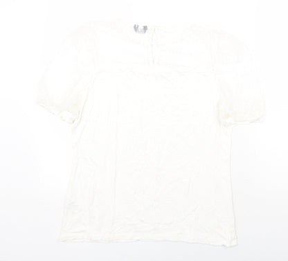 M&Co Womens White Polyamide Basic T-Shirt Size 12 Scoop Neck - Mesh Detail