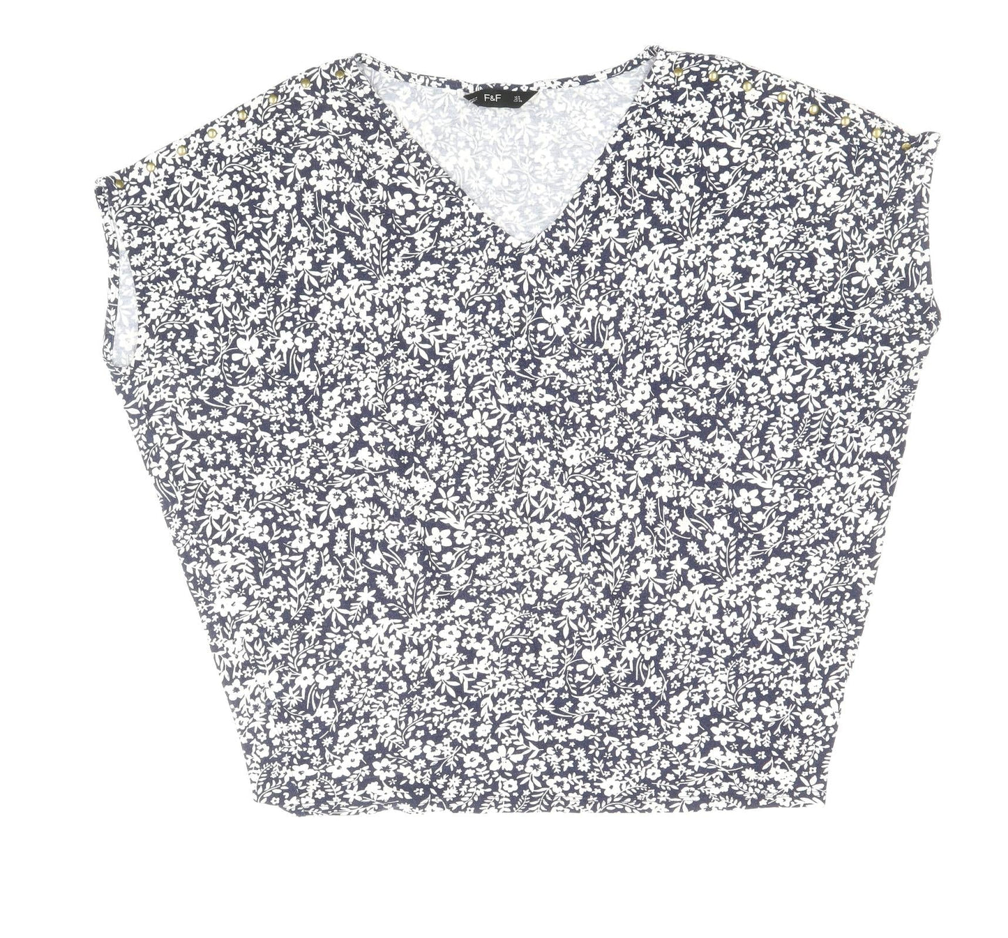 F&F Womens Blue Floral Viscose Basic T-Shirt Size 8 V-Neck