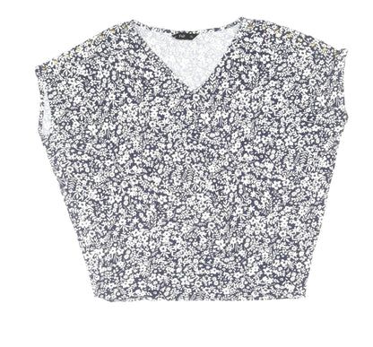 F&F Womens Blue Floral Viscose Basic T-Shirt Size 8 V-Neck