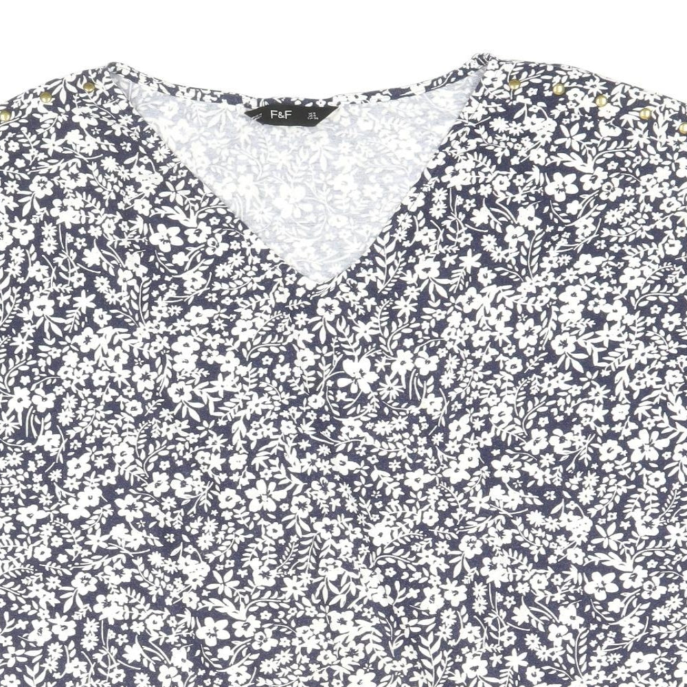 F&F Womens Blue Floral Viscose Basic T-Shirt Size 8 V-Neck