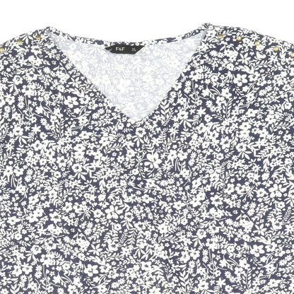 F&F Womens Blue Floral Viscose Basic T-Shirt Size 8 V-Neck