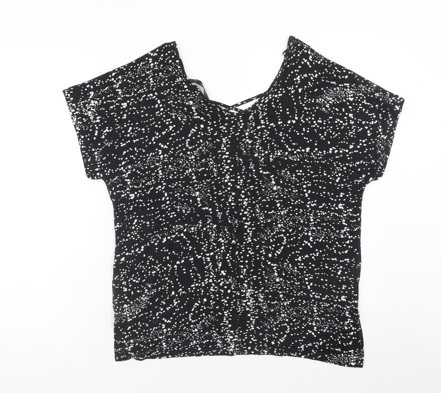 F&F Womens Black Geometric Viscose Basic T-Shirt Size 12 V-Neck - Cross Back Detail