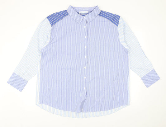 Primark Womens Blue Striped Polyester Basic Button-Up Size L Collared