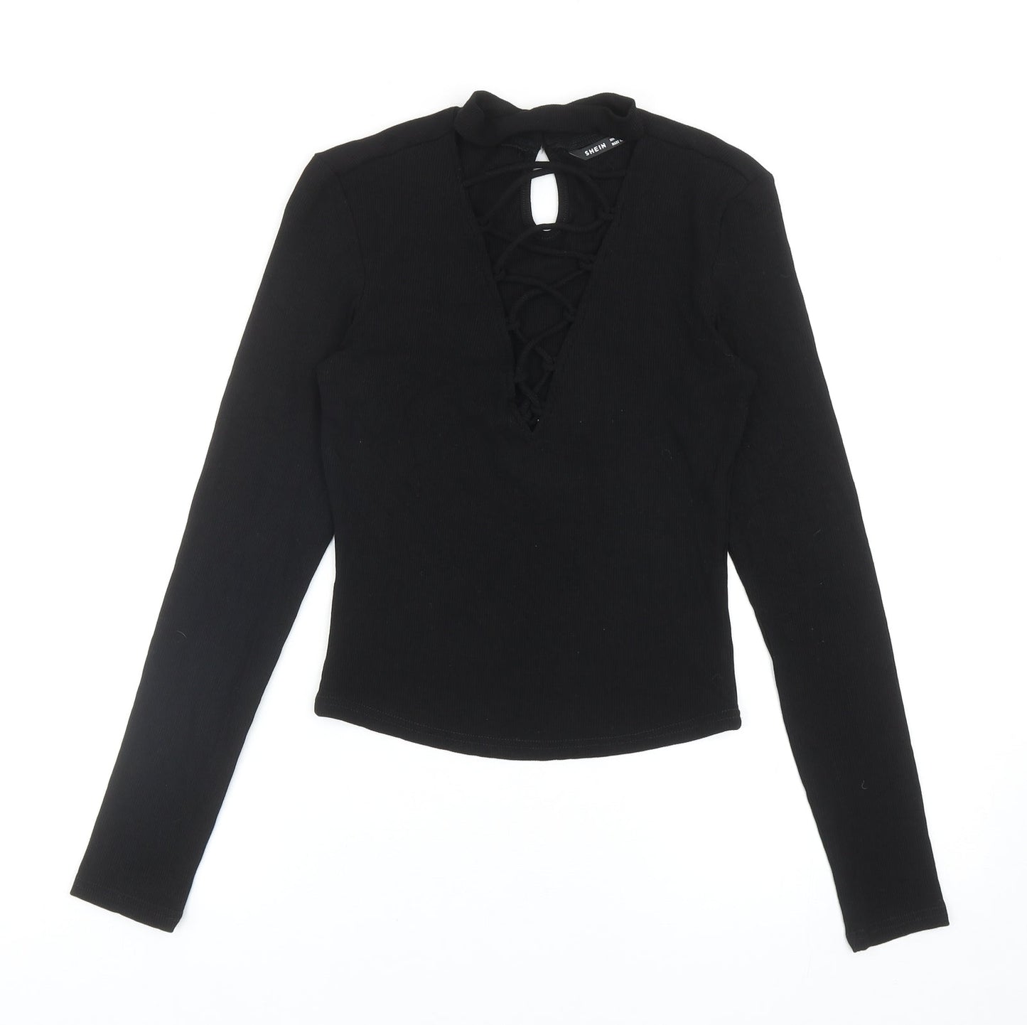 SheIn Womens Black Polyester Basic Blouse Size S V-Neck - Lace Up Front Detail