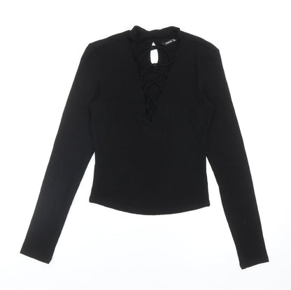 SheIn Womens Black Polyester Basic Blouse Size S V-Neck - Lace Up Front Detail