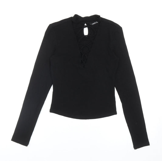 SheIn Womens Black Polyester Basic Blouse Size S V-Neck - Lace Up Front Detail