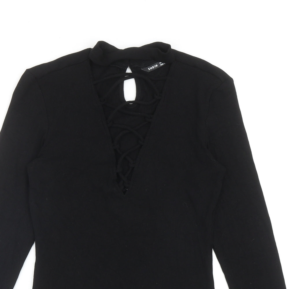 SheIn Womens Black Polyester Basic Blouse Size S V-Neck - Lace Up Front Detail