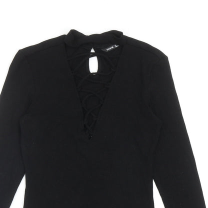 SheIn Womens Black Polyester Basic Blouse Size S V-Neck - Lace Up Front Detail