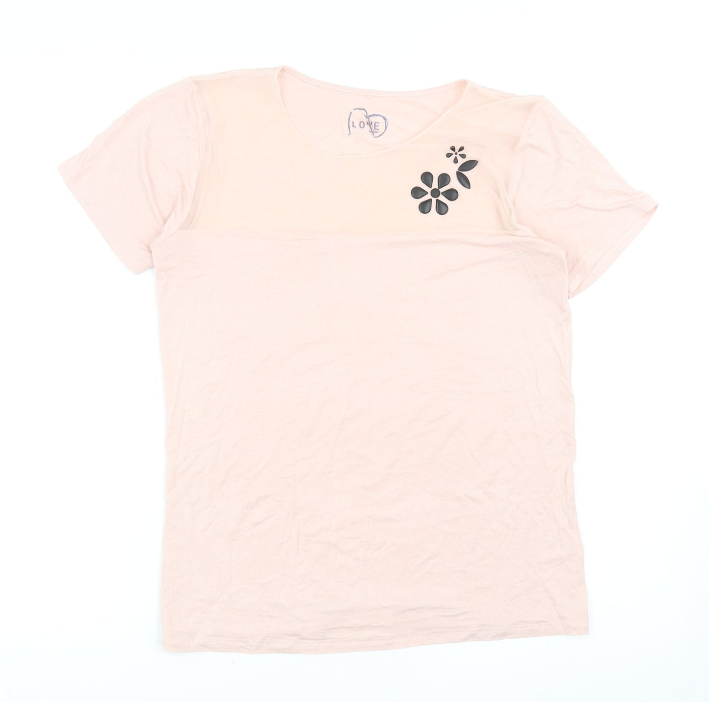 Emmebivi Womens Pink Viscose Basic T-Shirt Size M Scoop Neck - Flower Detail
