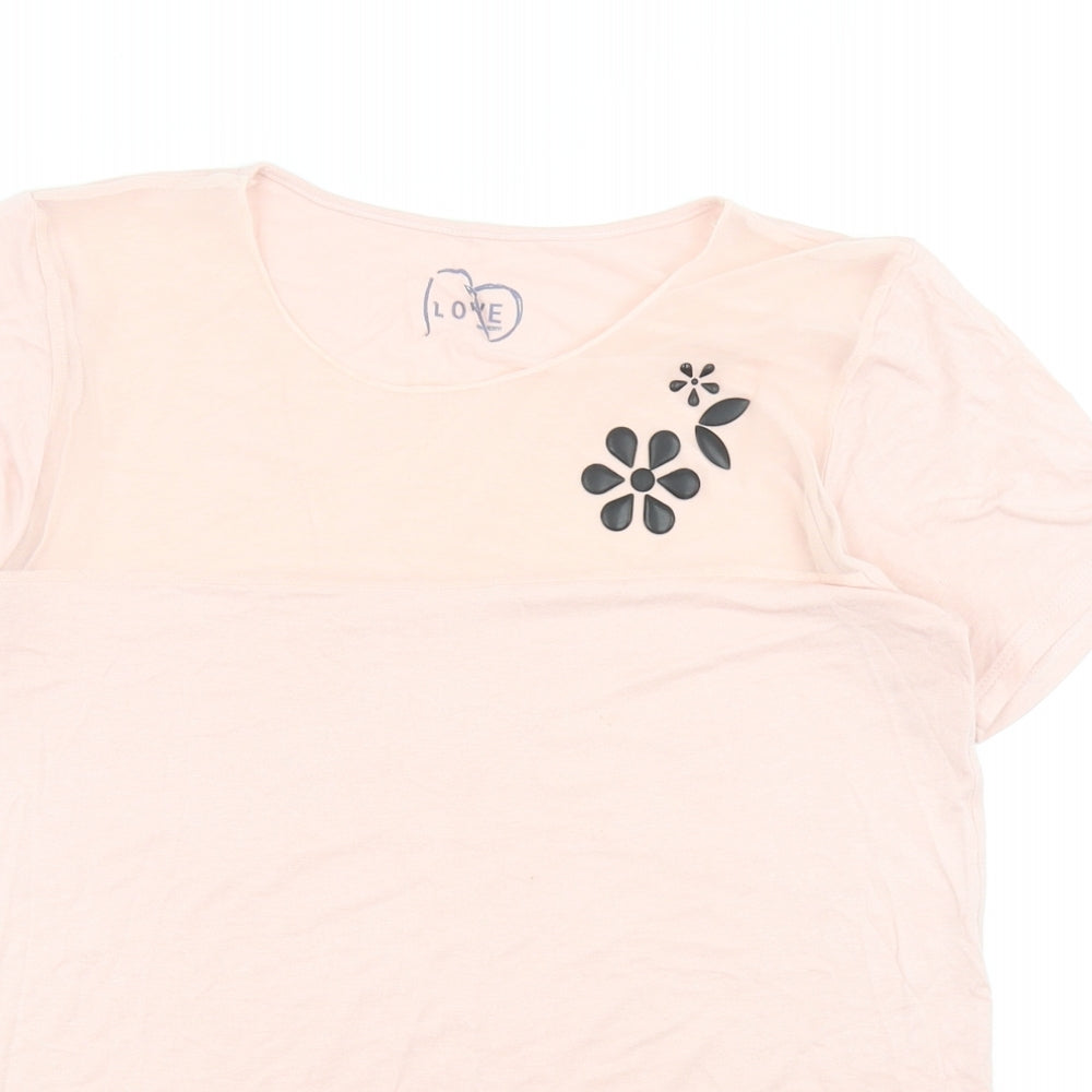 Emmebivi Womens Pink Viscose Basic T-Shirt Size M Scoop Neck - Flower Detail