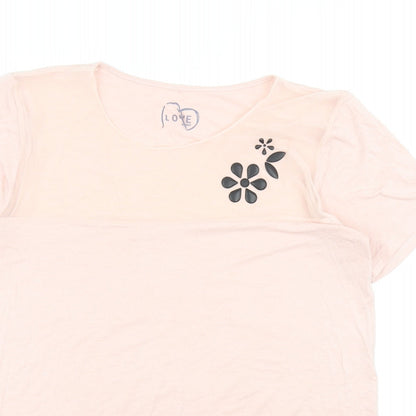 Emmebivi Womens Pink Viscose Basic T-Shirt Size M Scoop Neck - Flower Detail