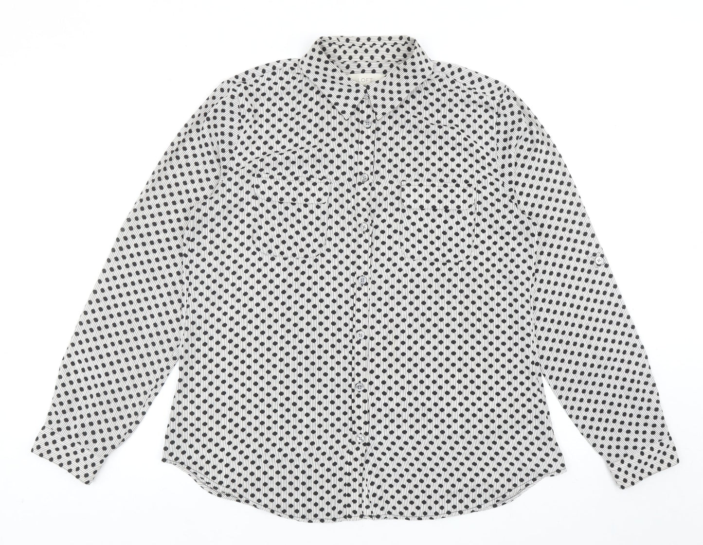 LOFT Womens Black Geometric Polyester Basic Button-Up Size M Collared