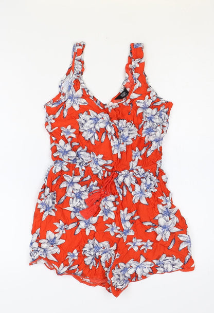 F&F Womens Red Floral Cotton Playsuit One-Piece Size 6 Pullover