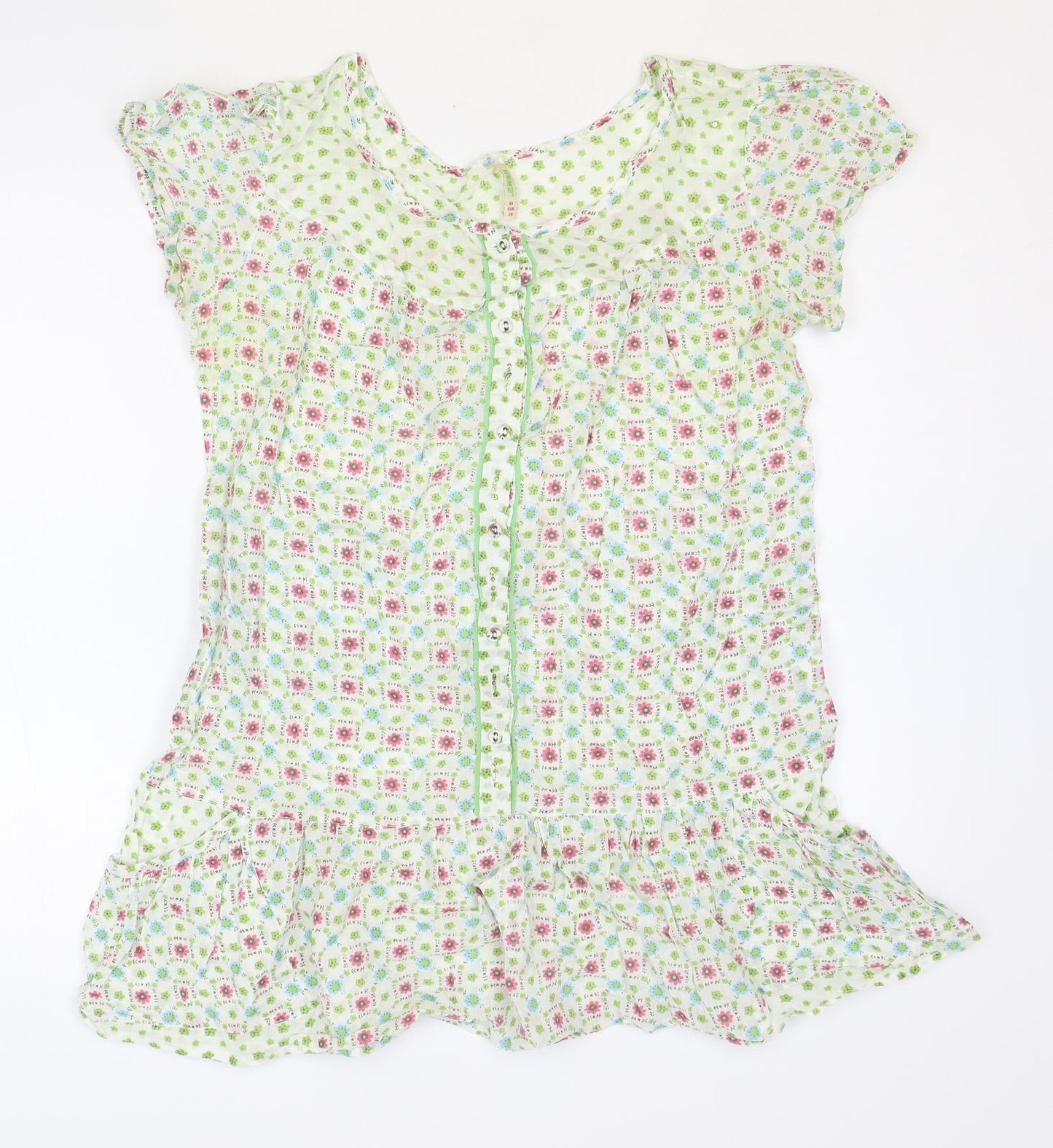 Denim & Co. Womens Multicoloured Geometric Cotton Basic Blouse Size 10 Round Neck