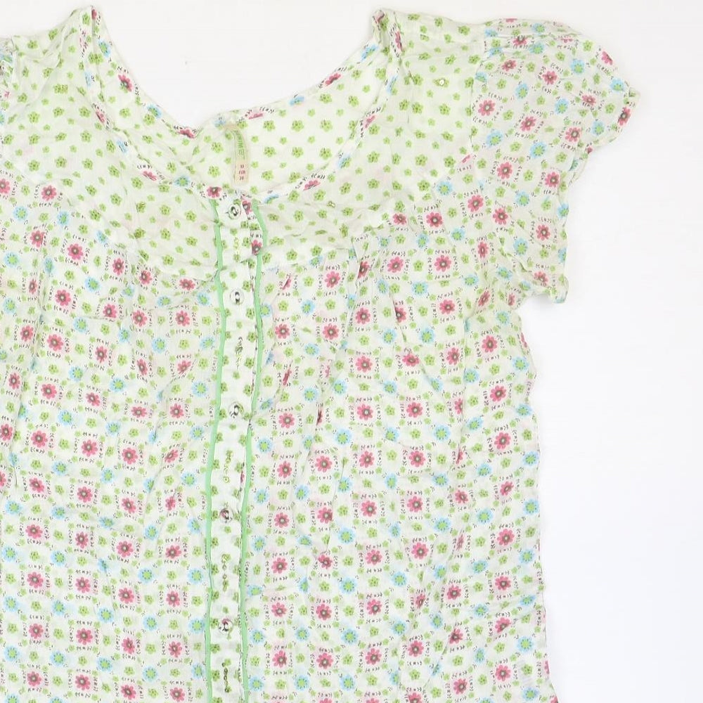 Denim & Co. Womens Multicoloured Geometric Cotton Basic Blouse Size 10 Round Neck