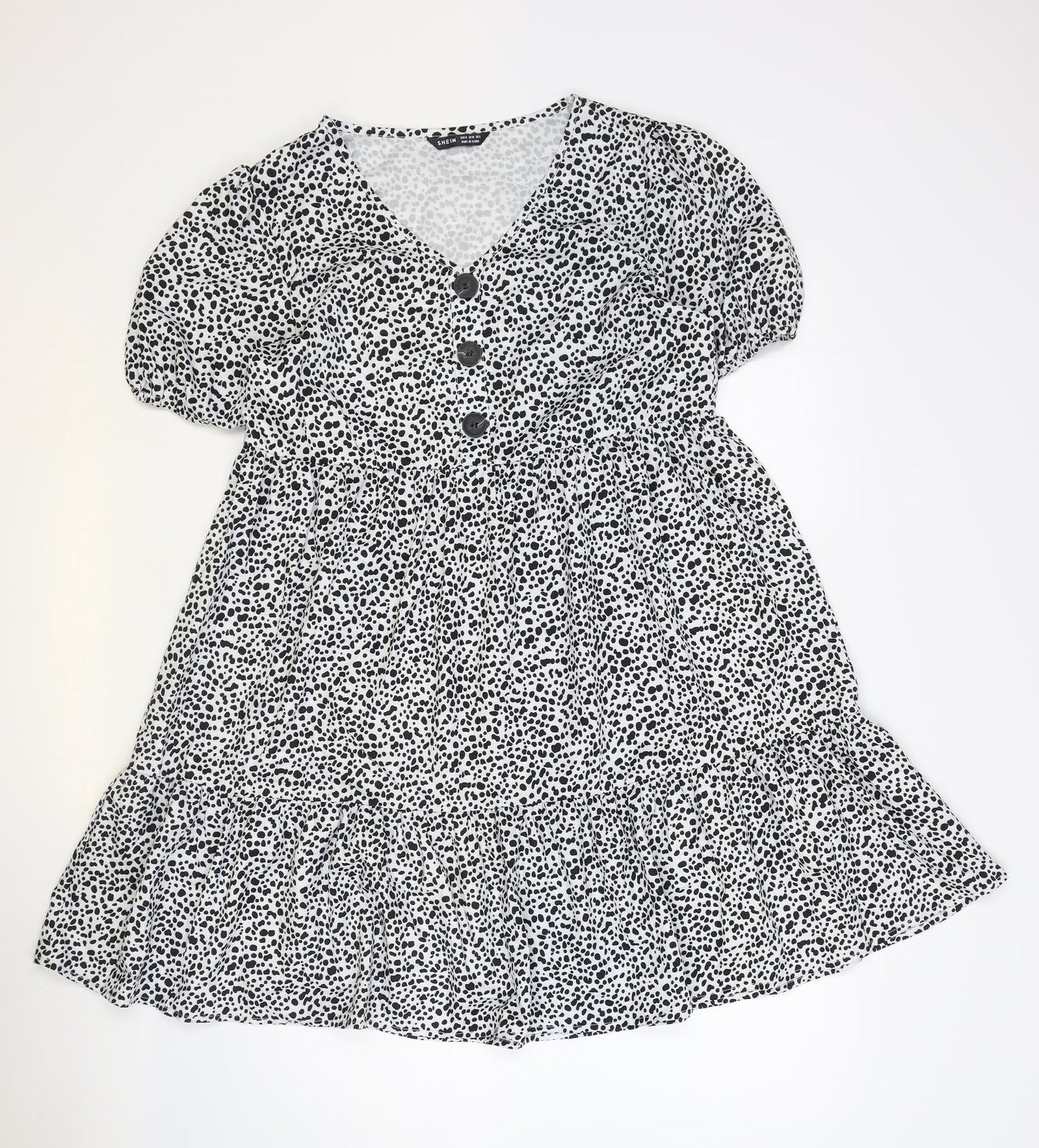 SheIn Womens White Geometric Polyester Fit & Flare Size M V-Neck Button