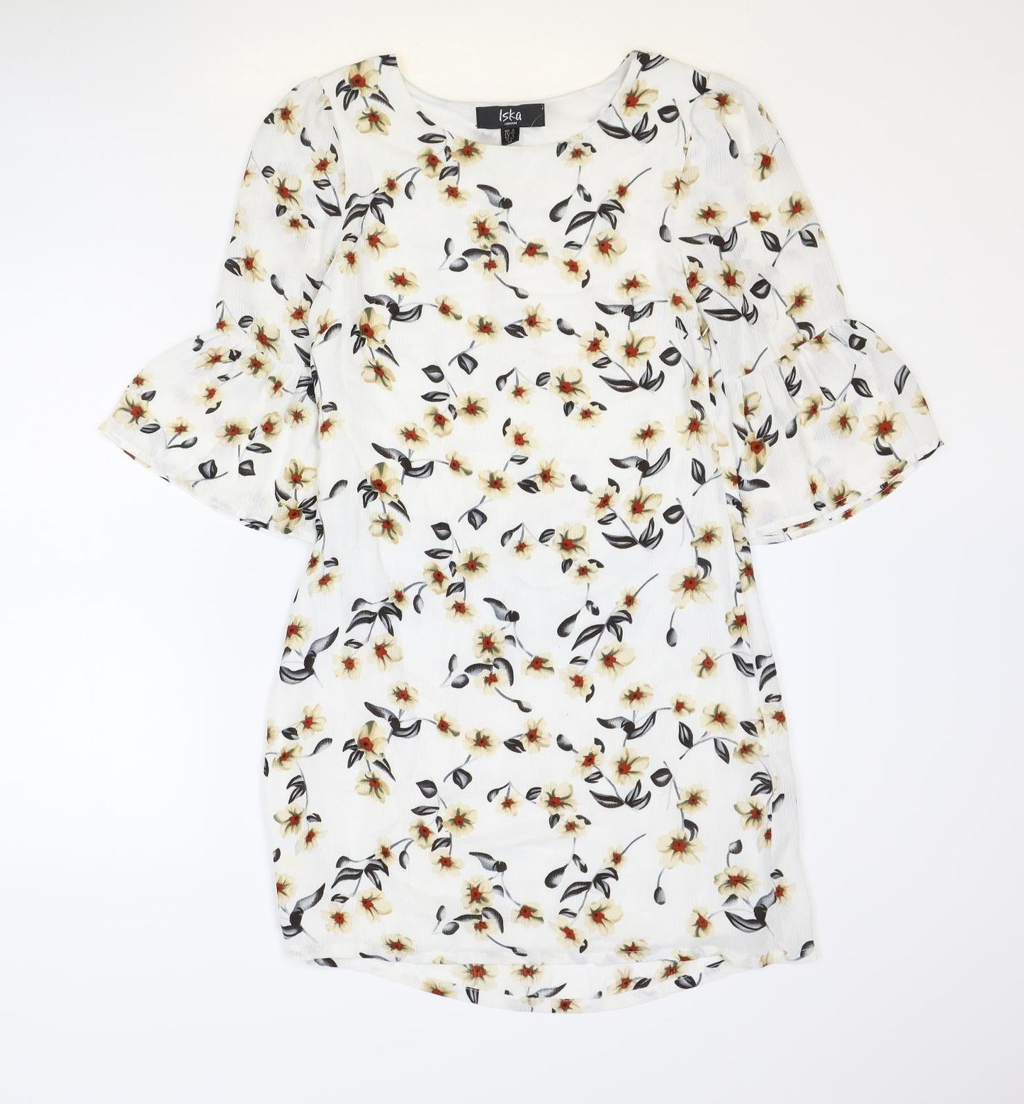 Iska Womens White Floral Polyester Shift Size 8 Round Neck Zip