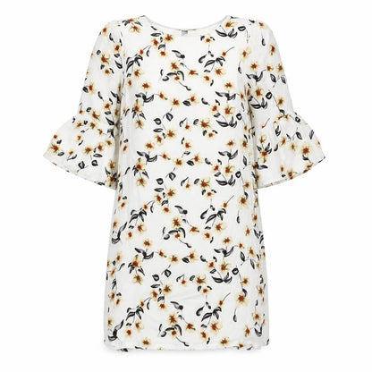 Iska Womens White Floral Polyester Shift Size 8 Round Neck Zip