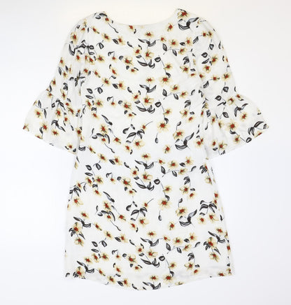 Iska Womens White Floral Polyester Shift Size 8 Round Neck Zip