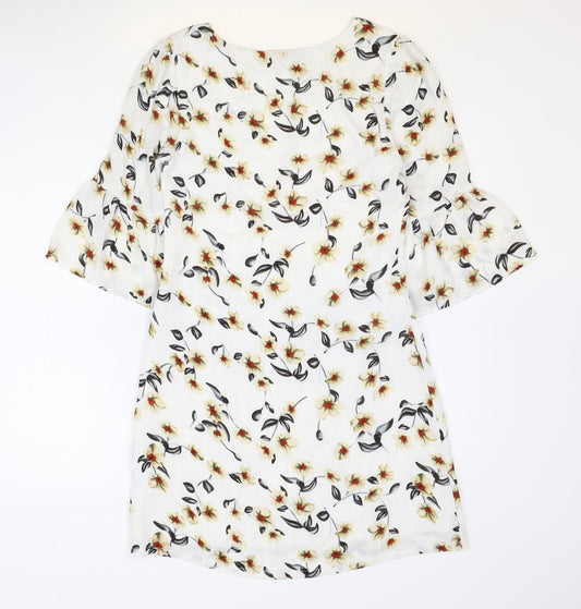 Iska Womens White Floral Polyester Shift Size 8 Round Neck Zip