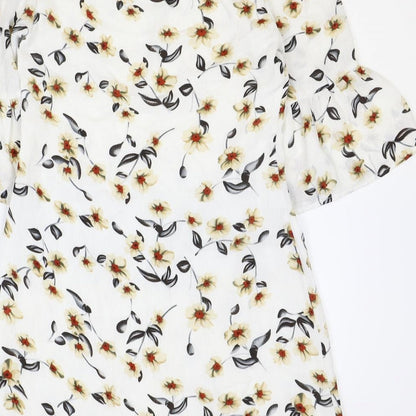 Iska Womens White Floral Polyester Shift Size 8 Round Neck Zip