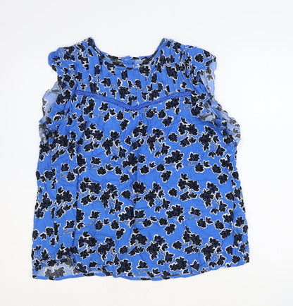 Marks and Spencer Womens Blue Floral 100% Cotton Basic Blouse Size 8 Round Neck