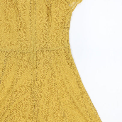 New Look Womens Yellow Floral Nylon A-Line Size 10 Boat Neck Zip