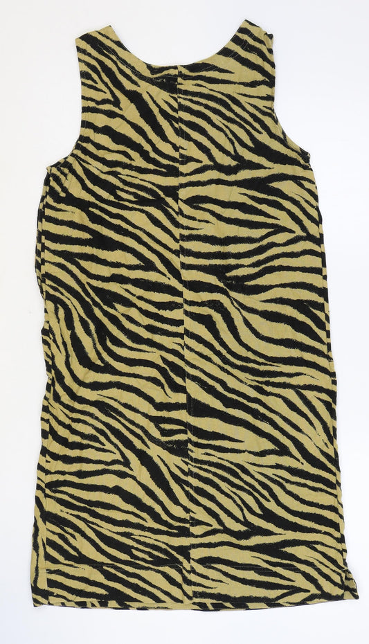 Marks and Spencer Womens Brown Animal Print Linen Shift Size 8 Scoop Neck Button - Tiger Print