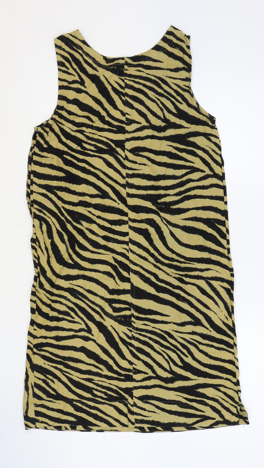 Marks and Spencer Womens Brown Animal Print Linen Shift Size 8 Scoop Neck Button - Tiger Print