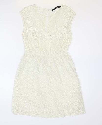 Zara Womens Ivory Floral 100% Cotton Fit & Flare Size S Scoop Neck Button