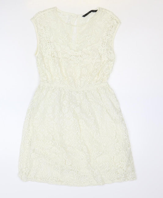 Zara Womens Ivory Floral 100% Cotton Fit & Flare Size S Scoop Neck Button