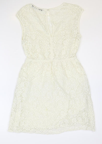 Zara Womens Ivory Floral 100% Cotton Fit & Flare Size S Scoop Neck Button