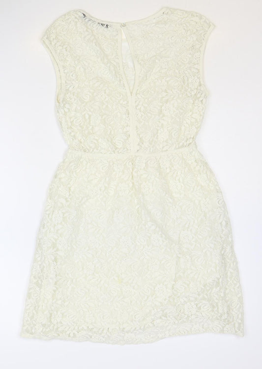 Zara Womens Ivory Floral 100% Cotton Fit & Flare Size S Scoop Neck Button