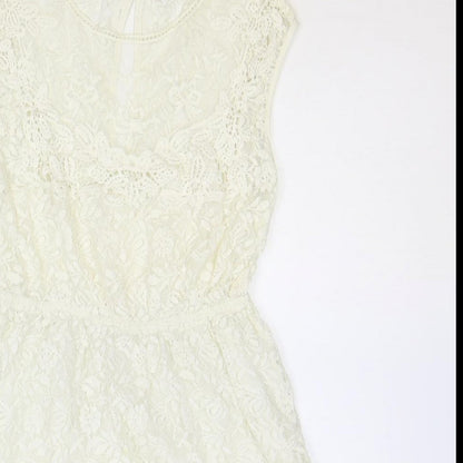 Zara Womens Ivory Floral 100% Cotton Fit & Flare Size S Scoop Neck Button