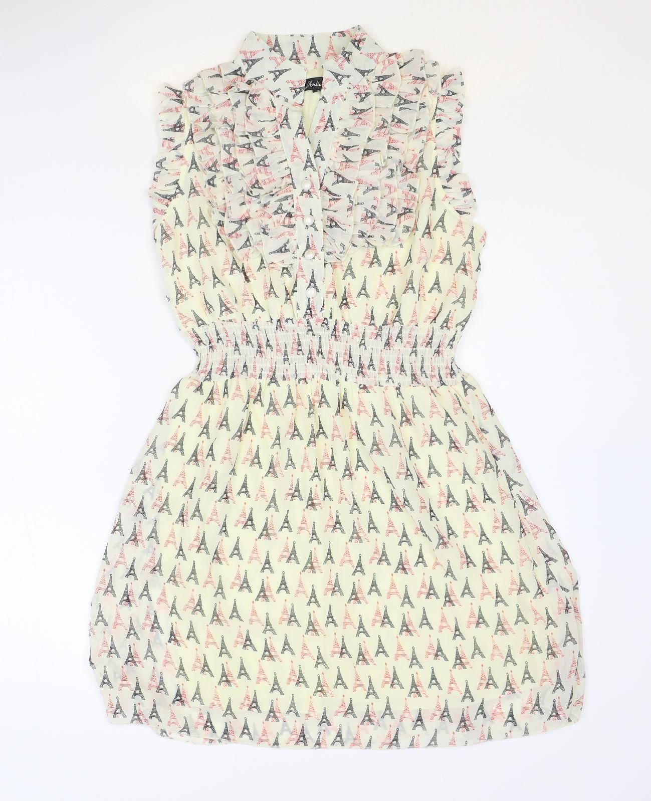 Atelier 61 Womens Ivory Geometric Polyester Shirt Dress Size 8 V-Neck Button