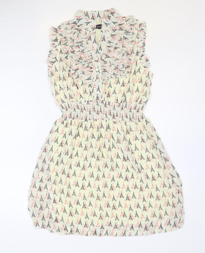 Atelier 61 Womens Ivory Geometric Polyester Shirt Dress Size 8 V-Neck Button