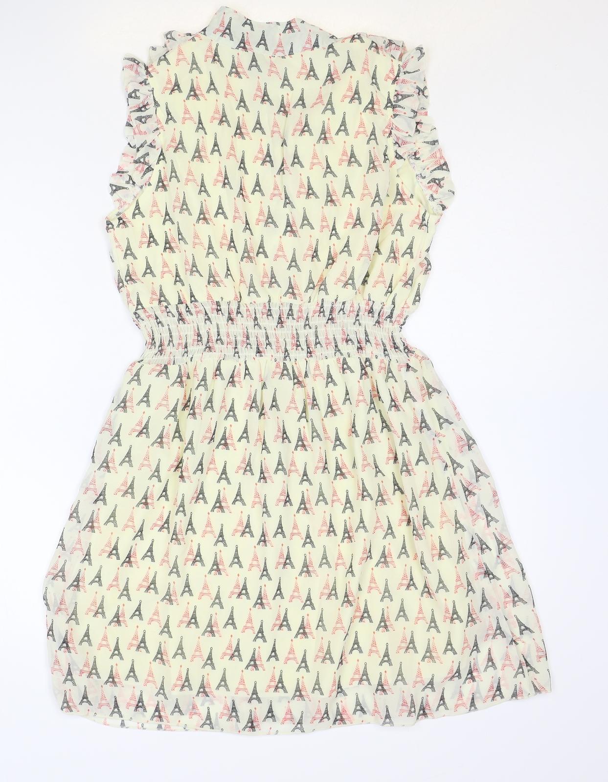 Atelier 61 Womens Ivory Geometric Polyester Shirt Dress Size 8 V-Neck Button