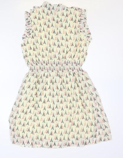 Atelier 61 Womens Ivory Geometric Polyester Shirt Dress Size 8 V-Neck Button