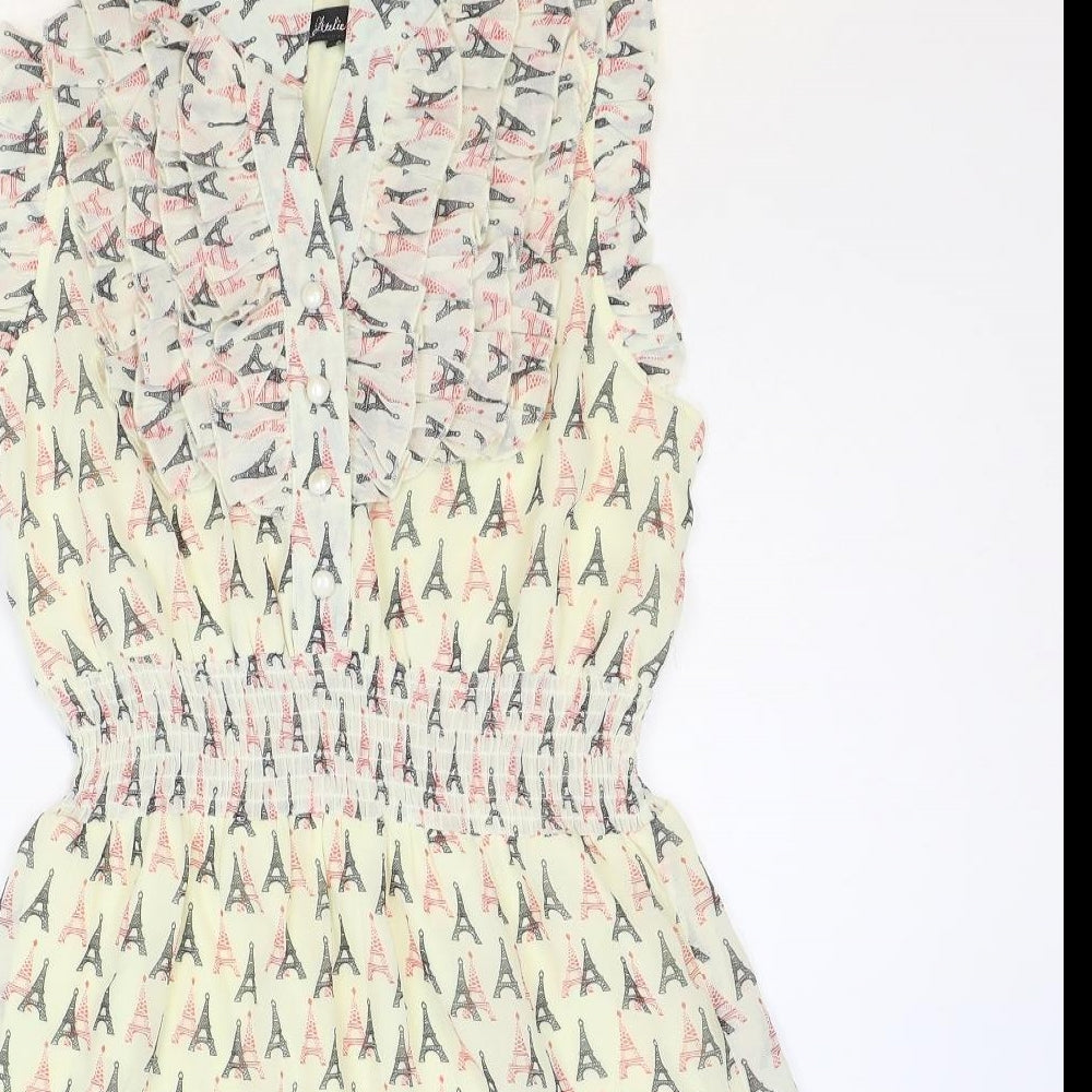 Atelier 61 Womens Ivory Geometric Polyester Shirt Dress Size 8 V-Neck Button